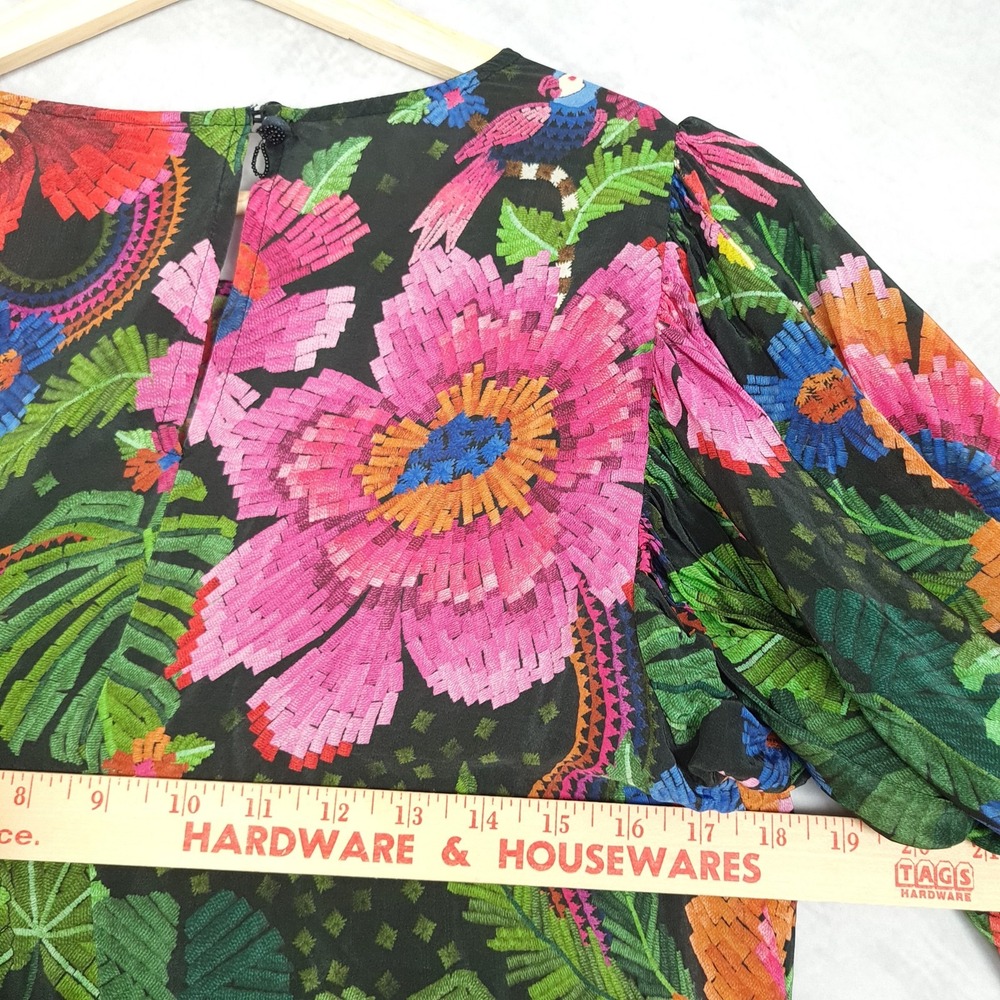 Farm Rio Blouse Womens Medium Black Multicolor Lace Floral Parrot Boho Top - Picture 12 of 16
